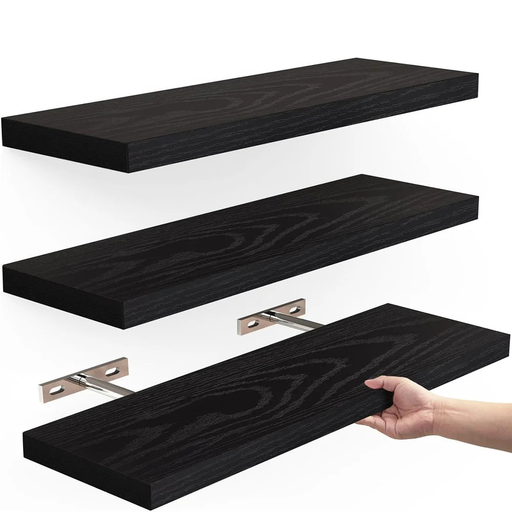 3PCS Wooden Hanging Racks Wall Mount Organizer Kitchen Bathroom Storage Holders - Black - 1