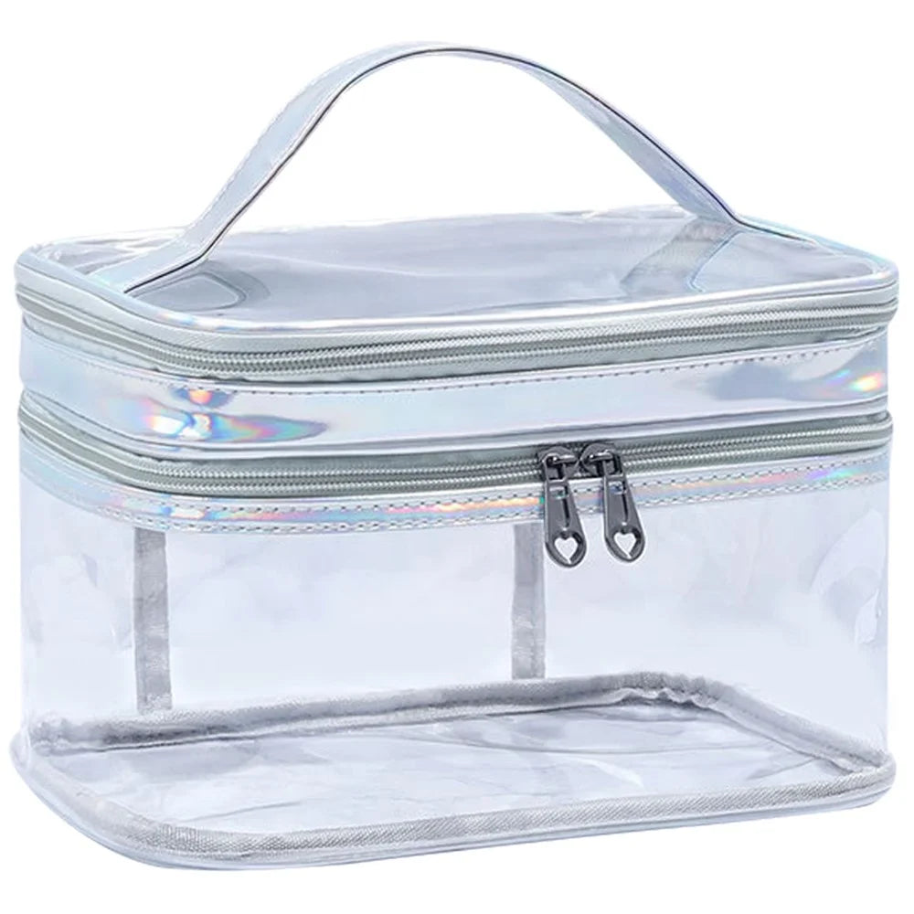 Laser PU Leather + Transparent PVC Double Layer Cosmetic Bag Makeup Bag Waterproof Travel Toiletry Bag - Silver - 1