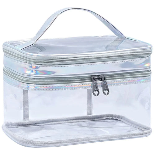 Laser PU Leather + Transparent PVC Double Layer Cosmetic Bag Makeup Bag Waterproof Travel Toiletry Bag - Silver - 1