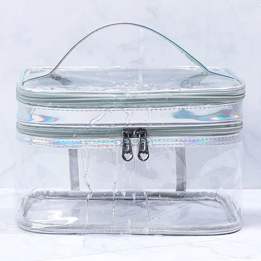 Laser PU Leather + Transparent PVC Double Layer Cosmetic Bag Makeup Bag Waterproof Travel Toiletry Bag - Silver - 2