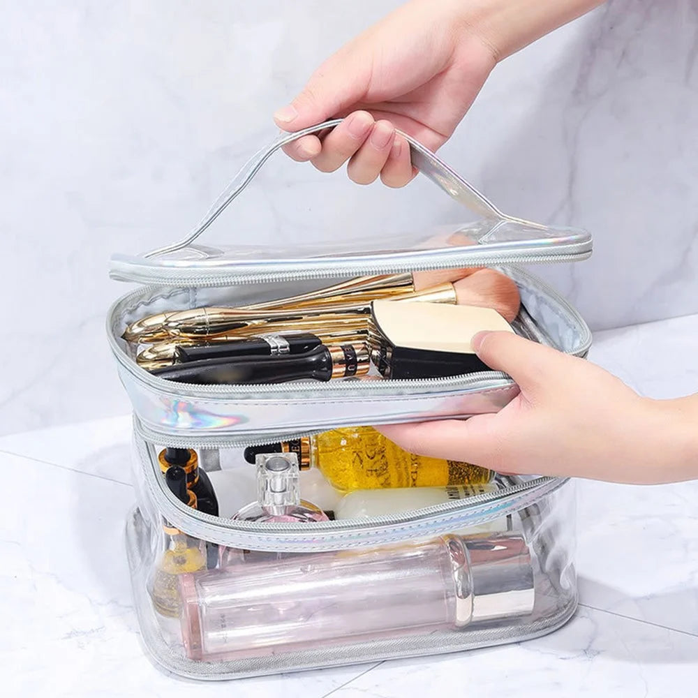 Laser PU Leather + Transparent PVC Double Layer Cosmetic Bag Makeup Bag Waterproof Travel Toiletry Bag - Silver - 3