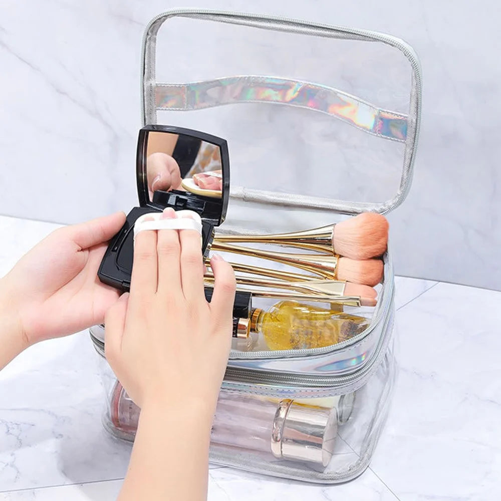 Laser PU Leather + Transparent PVC Double Layer Cosmetic Bag Makeup Bag Waterproof Travel Toiletry Bag - Silver - 4