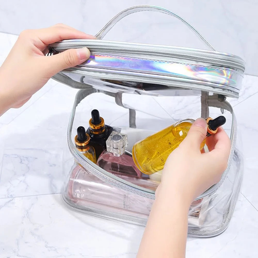 Laser PU Leather + Transparent PVC Double Layer Cosmetic Bag Makeup Bag Waterproof Travel Toiletry Bag - Silver - 5