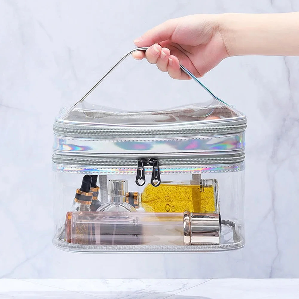 Laser PU Leather + Transparent PVC Double Layer Cosmetic Bag Makeup Bag Waterproof Travel Toiletry Bag - Silver - 6