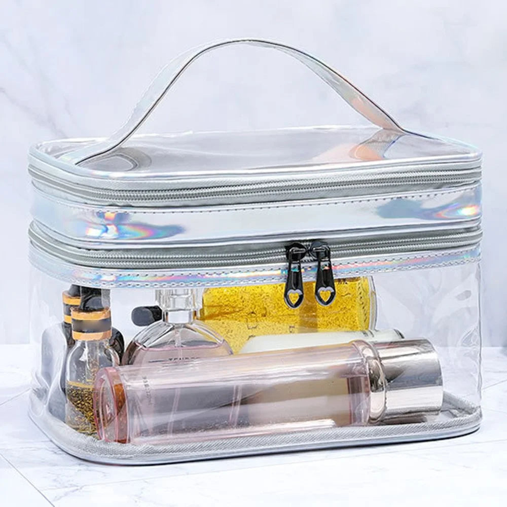 Laser PU Leather + Transparent PVC Double Layer Cosmetic Bag Makeup Bag Waterproof Travel Toiletry Bag - Silver - 7