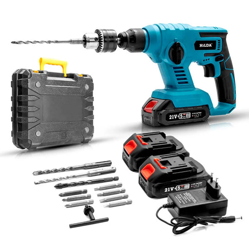 HILDA Rechargeable Electric Hammer Electric Impact Drill Wall Drilling Tools Set, EU Plug Charger + 2 Batteries - 1
