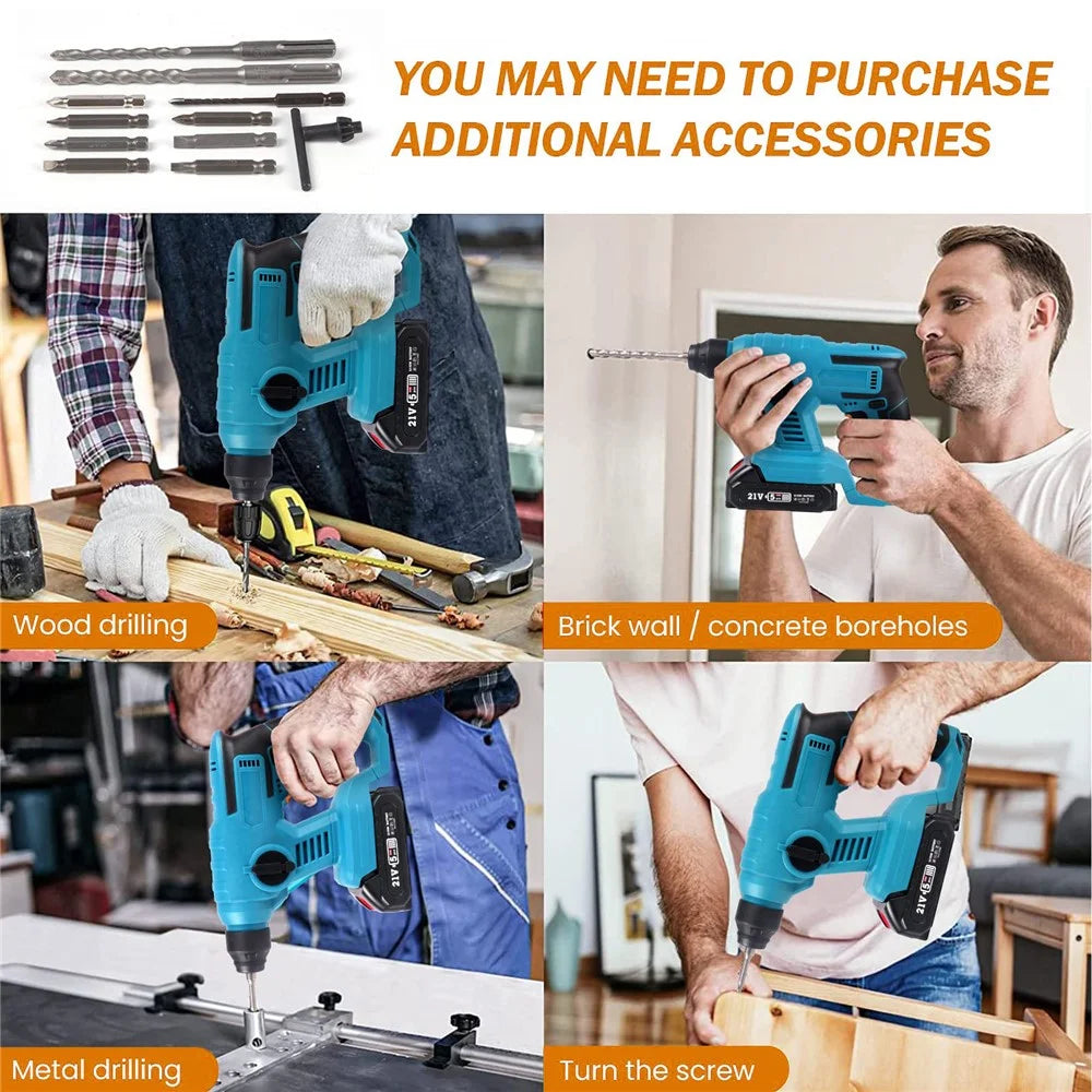 HILDA Rechargeable Electric Hammer Electric Impact Drill Wall Drilling Tools Set, EU Plug Charger + 2 Batteries - 5