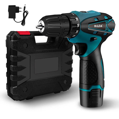 HILDA Cordless Electric Drill Screwdriver Rechargeable 12V Mini Drill Electric Screwdriver Tool with Plastic Box, EU Plug - 1