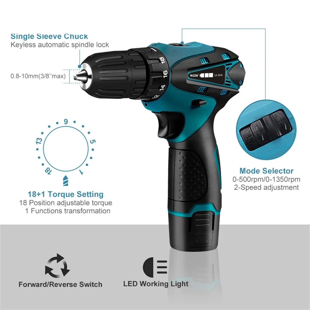 HILDA Cordless Electric Drill Screwdriver Rechargeable 12V Mini Drill Electric Screwdriver Tool with Plastic Box, EU Plug - 4