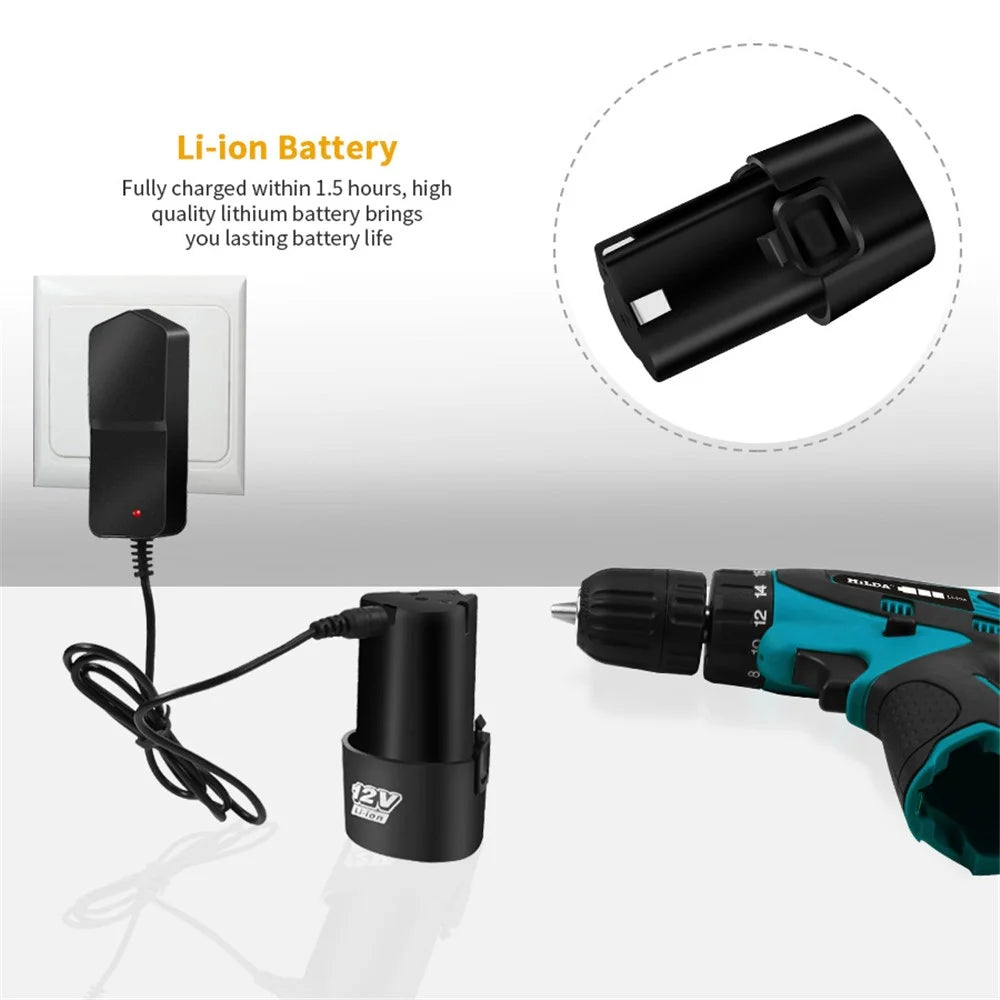 HILDA Cordless Electric Drill Screwdriver Rechargeable 12V Mini Drill Electric Screwdriver Tool with Plastic Box, EU Plug - 5