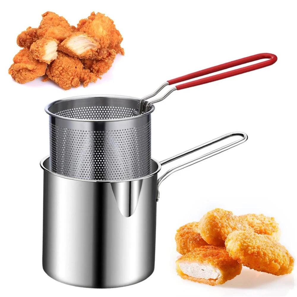 304 Stainless Steel Frying Pan with Strainer Basket and Handle Deep Frying Pot for Frying Fish Shrimp - 2