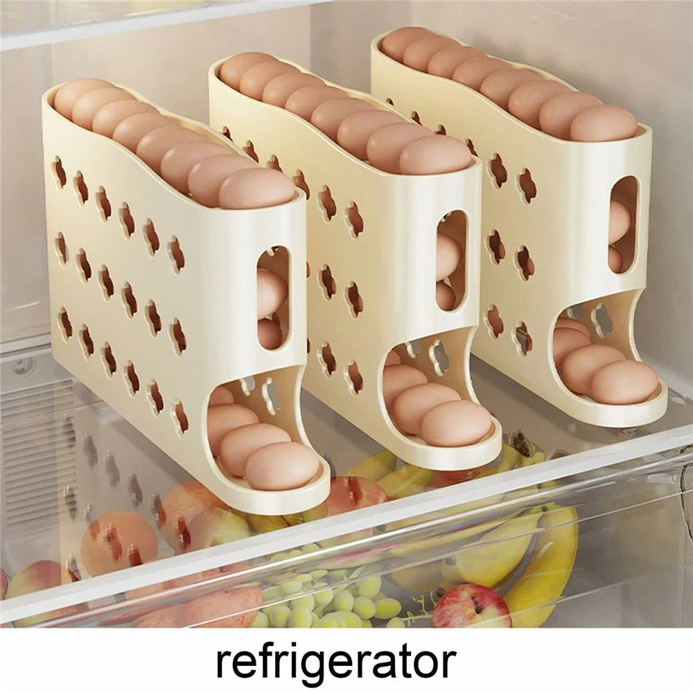 Auto Rolling Egg Holder Refrigerator Door Kitchen 4-Layer 30 Eggs PP Storage Box (BPA-Free, No FDA) - Cream Color - 2