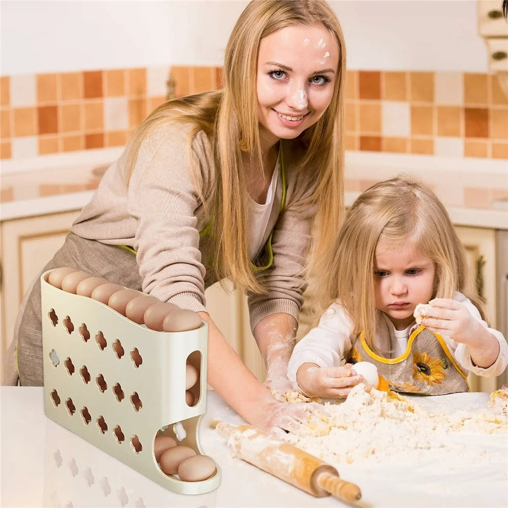 Auto Rolling Egg Holder Refrigerator Door Kitchen 4-Layer 30 Eggs PP Storage Box (BPA-Free, No FDA) - Cream Color - 3