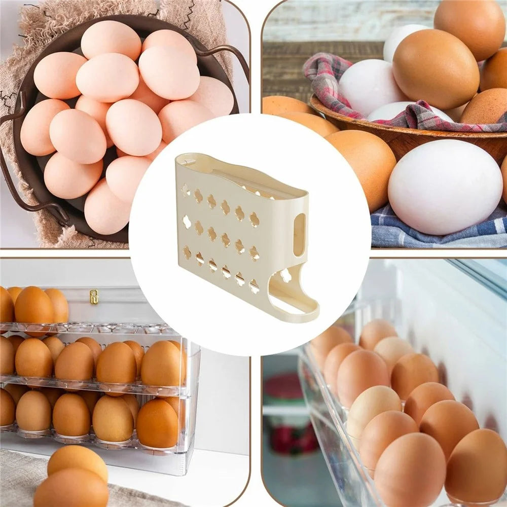 Auto Rolling Egg Holder Refrigerator Door Kitchen 4-Layer 30 Eggs PP Storage Box (BPA-Free, No FDA) - Cream Color - 4