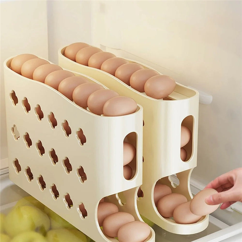 Auto Rolling Egg Holder Refrigerator Door Kitchen 4-Layer 30 Eggs PP Storage Box (BPA-Free, No FDA) - Cream Color - 5