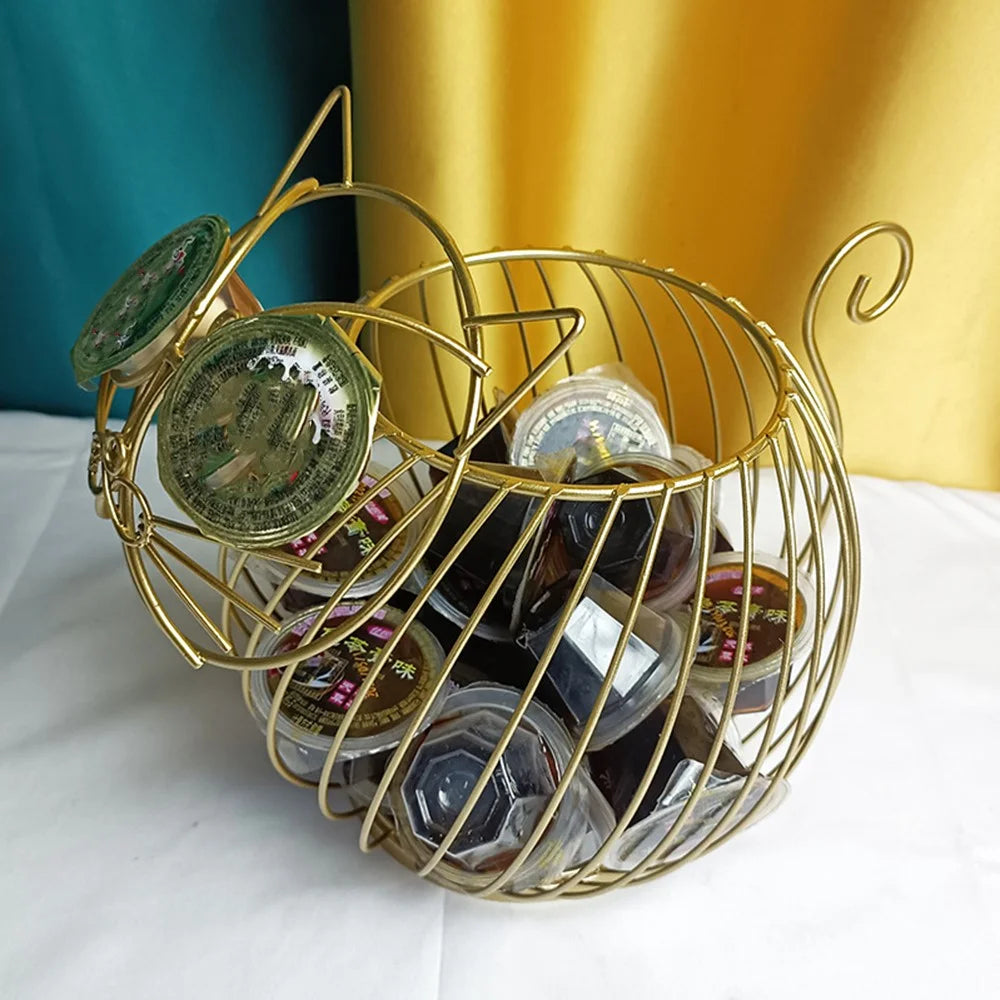 Cartoon Cat Coffee Capsule Holder Iron Hollow Display Rack Snacks Candy Metal Storage Basket, Size S - 4