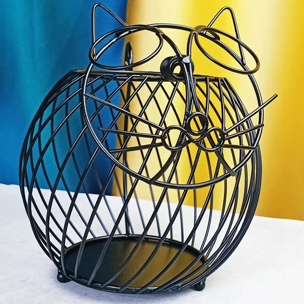 Cartoon Cat Coffee Capsule Holder Hollow Iron Rack Snacks Candy Metal Storage Basket, Size L / Black - 2