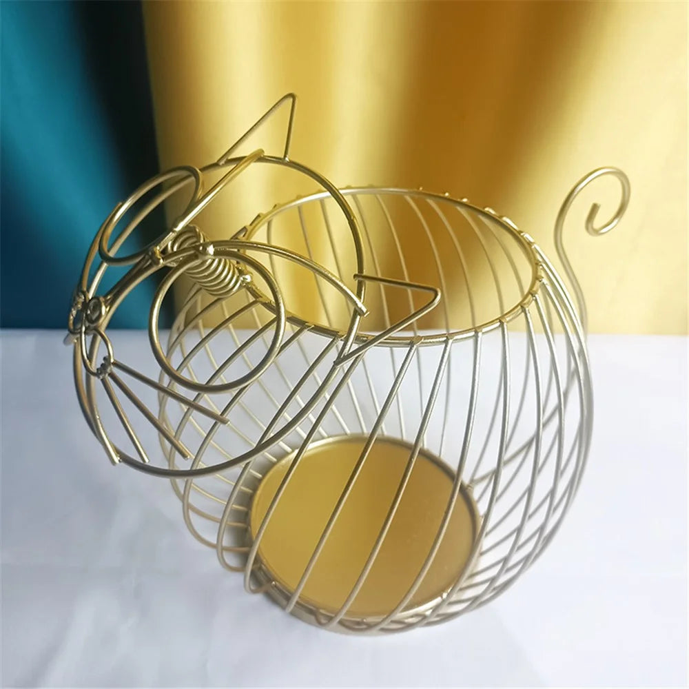 Cartoon Cat Coffee Capsule Holder Hollow Iron Rack Snacks Candy Metal Storage Basket, Size L / Gold - 4