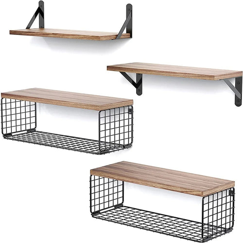 4Pcs / Set Wall Mounted Floating Shelves Iron Basket Storage Rack Home Organizer Shelf - Light Brown - 1