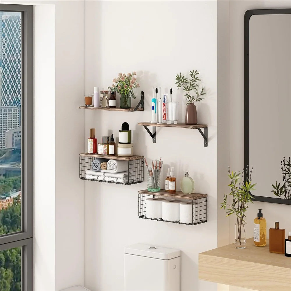 4Pcs / Set Wall Mounted Floating Shelves Iron Basket Storage Rack Home Organizer Shelf - Light Brown - 2