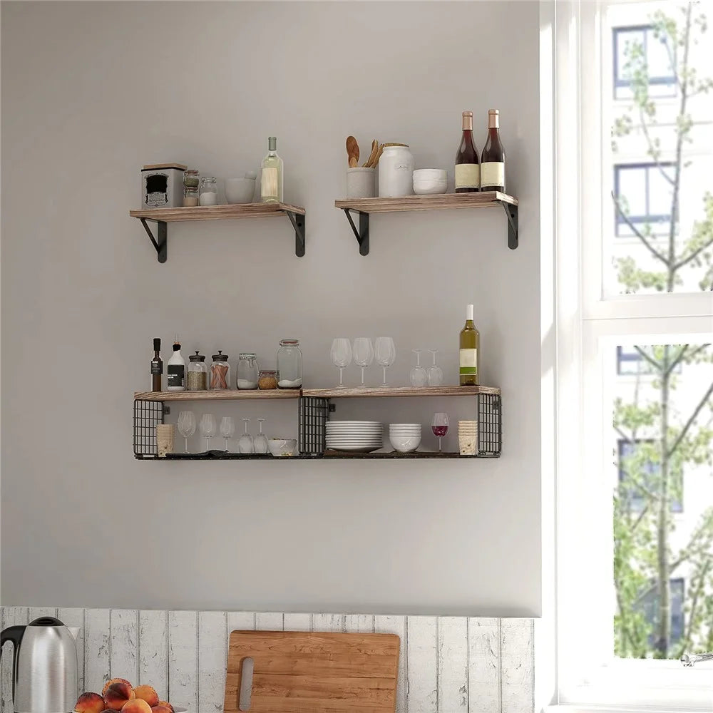 4Pcs / Set Wall Mounted Floating Shelves Iron Basket Storage Rack Home Organizer Shelf - Light Brown - 3