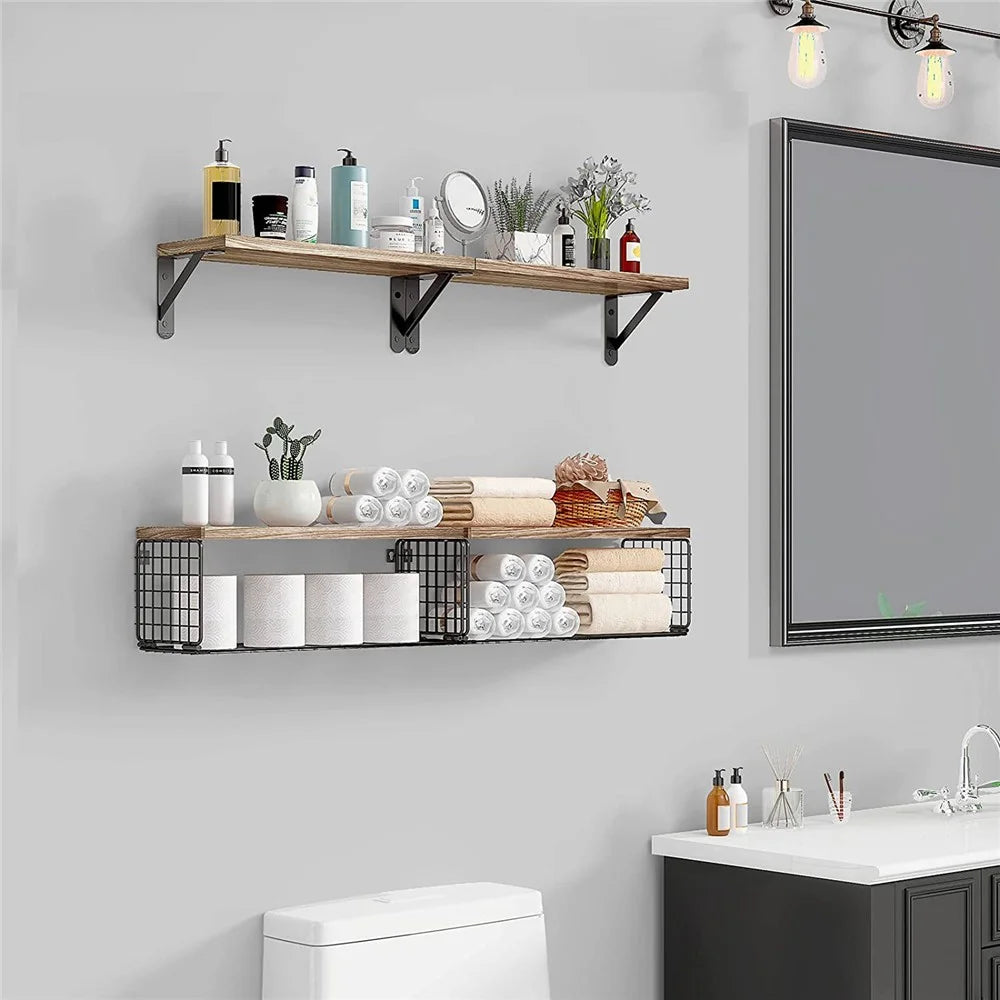 4Pcs / Set Wall Mounted Floating Shelves Iron Basket Storage Rack Home Organizer Shelf - Light Brown - 4