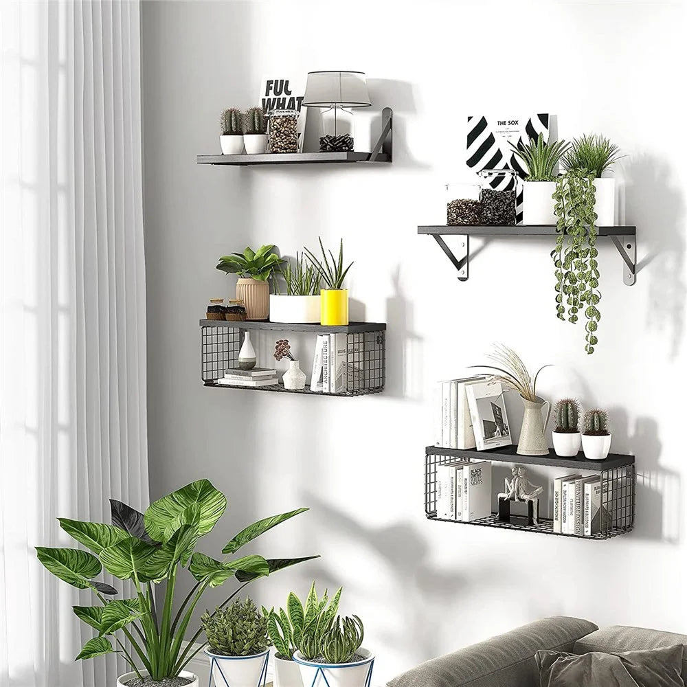 4Pcs / Set Wall Mounted Floating Shelves Iron Basket Storage Rack Home Organizer Shelf - Light Brown - 5