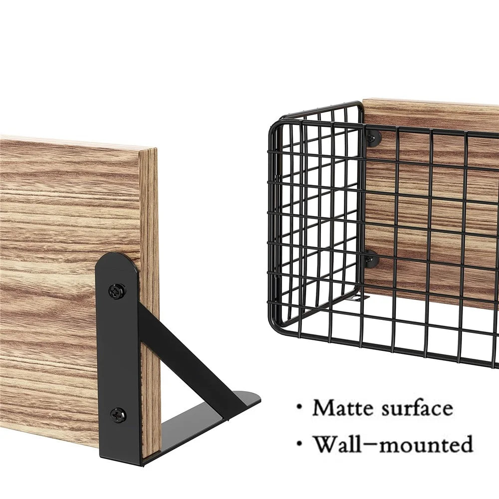 4Pcs / Set Wall Mounted Floating Shelves Iron Basket Storage Rack Home Organizer Shelf - Light Brown - 6