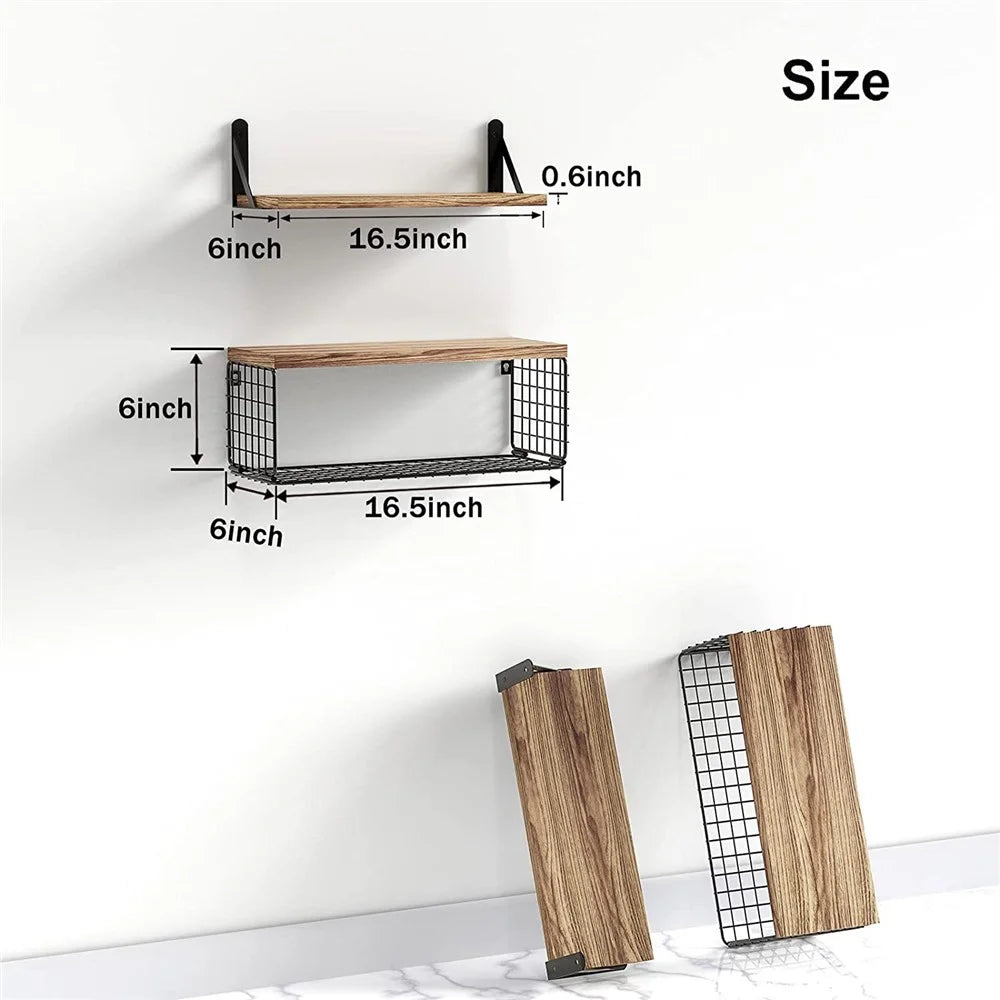4Pcs / Set Wall Mounted Floating Shelves Iron Basket Storage Rack Home Organizer Shelf - Light Brown - 7