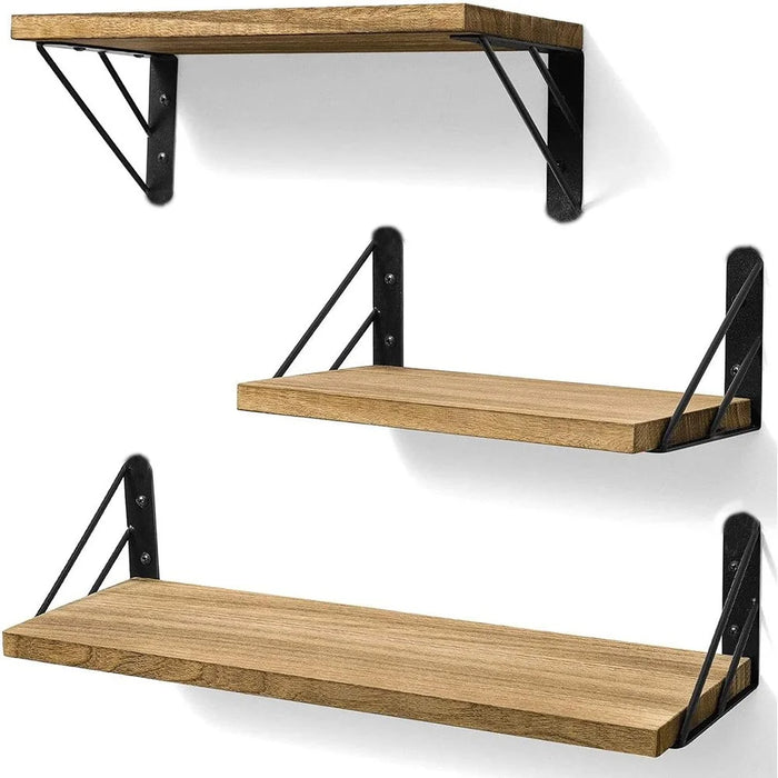 3Pcs / Set Storage Shelf Wood Board Iron Bracket Wall Mounted Home Organizer Shelves - Wood Color - 1