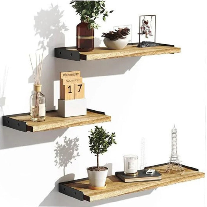 3Pcs / Set Storage Shelf Wood Board Iron Bracket Wall Mounted Home Organizer Shelves - Wood Color - 3