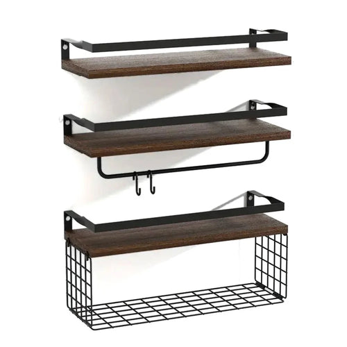 3Pcs / Set Wall Mounted Floating Shelves Wood Board Iron Basket Towel Rack Storage Shelf - 1