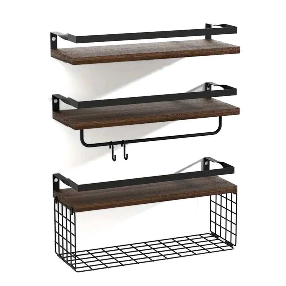 3Pcs / Set Wall Mounted Floating Shelves Wood Board Iron Basket Towel Rack Storage Shelf - 1