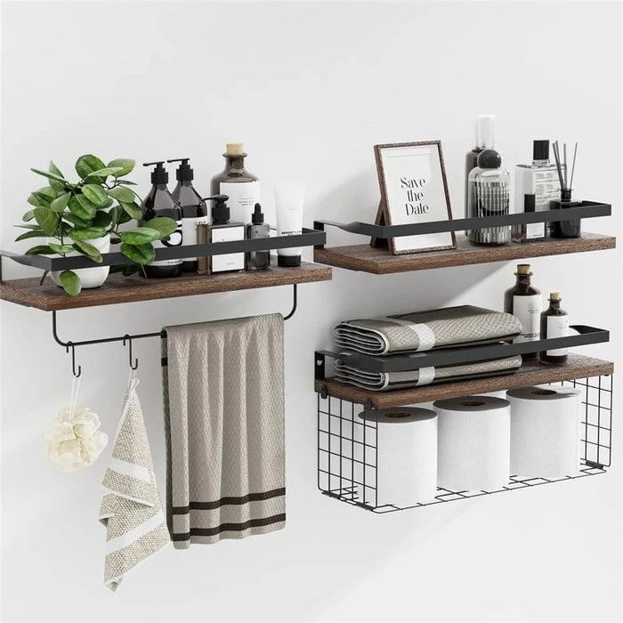 3Pcs / Set Wall Mounted Floating Shelves Wood Board Iron Basket Towel Rack Storage Shelf - 2