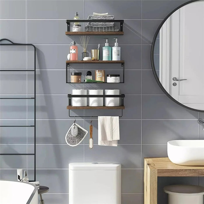 3Pcs / Set Wall Mounted Floating Shelves Wood Board Iron Basket Towel Rack Storage Shelf - 3