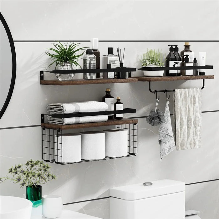 3Pcs / Set Wall Mounted Floating Shelves Wood Board Iron Basket Towel Rack Storage Shelf - 4