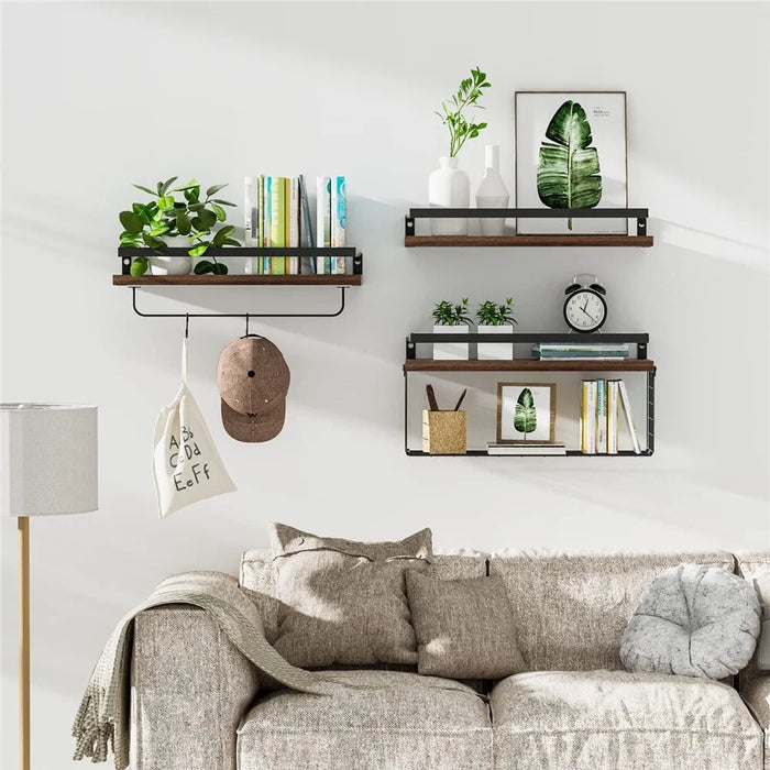 3Pcs / Set Wall Mounted Floating Shelves Wood Board Iron Basket Towel Rack Storage Shelf - 5