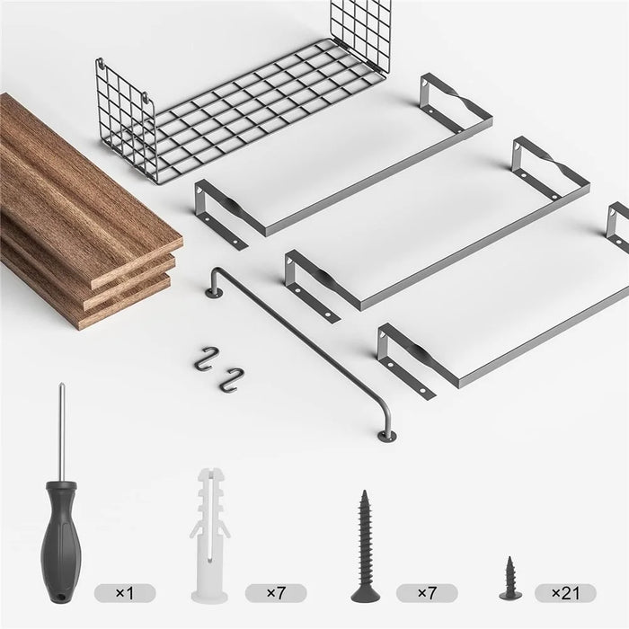 3Pcs / Set Wall Mounted Floating Shelves Wood Board Iron Basket Towel Rack Storage Shelf - 6