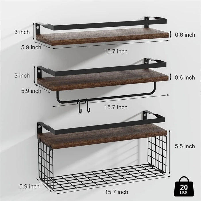 3Pcs / Set Wall Mounted Floating Shelves Wood Board Iron Basket Towel Rack Storage Shelf - 7