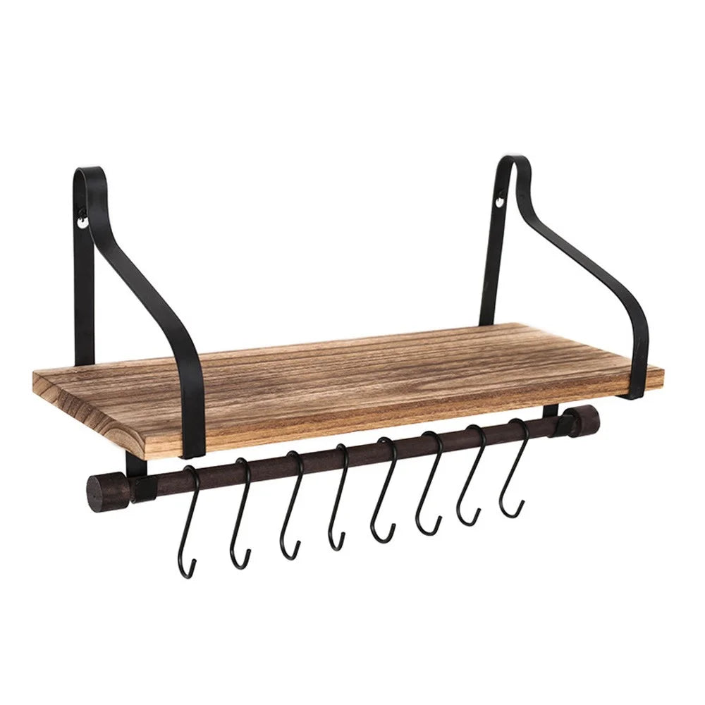 Simple Floating Wooden Rack Carbonized Wood Board Iron Art Wall Mount Storage Shelf with S Hooks - 1