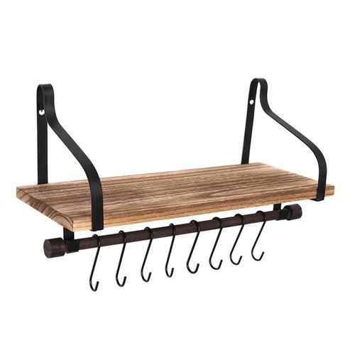 Simple Floating Wooden Rack Carbonized Wood Board Iron Art Wall Mount Storage Shelf with S Hooks - 1