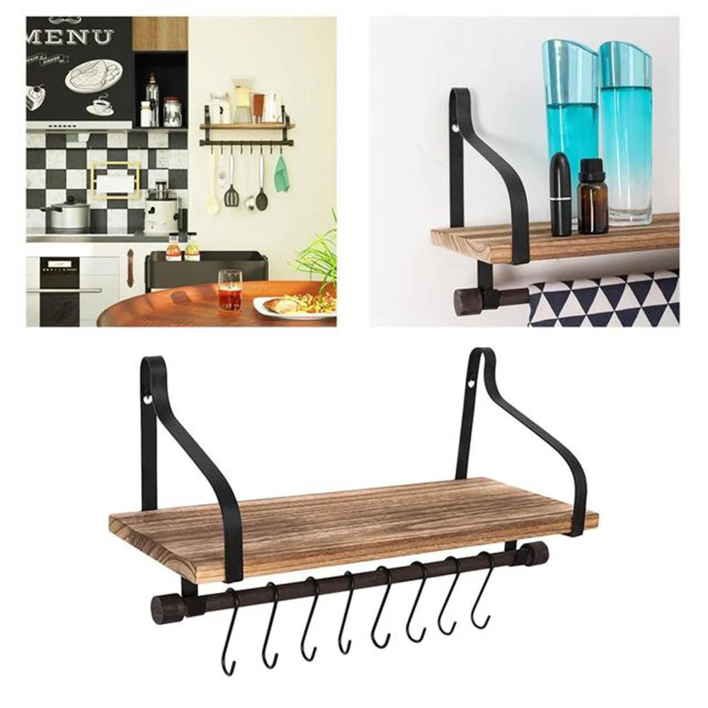 Simple Floating Wooden Rack Carbonized Wood Board Iron Art Wall Mount Storage Shelf with S Hooks - 2