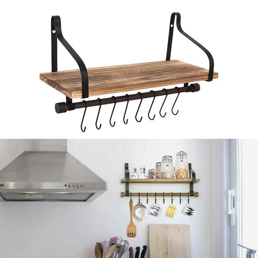 Simple Floating Wooden Rack Carbonized Wood Board Iron Art Wall Mount Storage Shelf with S Hooks - 3