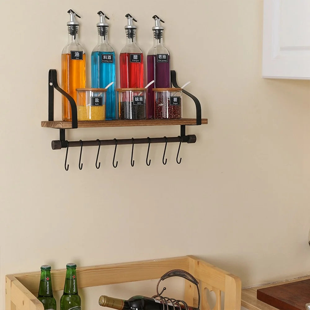 Simple Floating Wooden Rack Carbonized Wood Board Iron Art Wall Mount Storage Shelf with S Hooks - 4