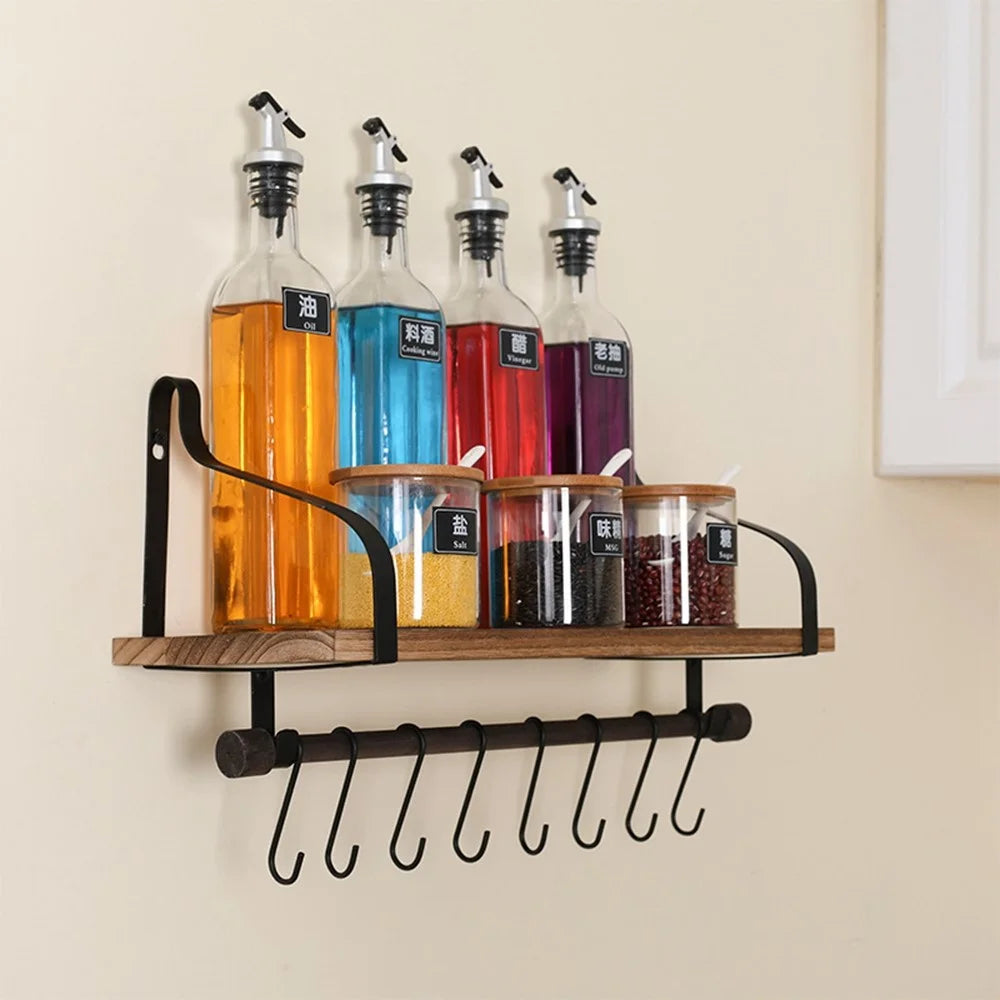 Simple Floating Wooden Rack Carbonized Wood Board Iron Art Wall Mount Storage Shelf with S Hooks - 5