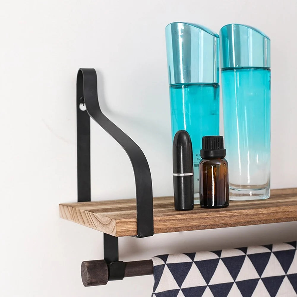 Simple Floating Wooden Rack Carbonized Wood Board Iron Art Wall Mount Storage Shelf with S Hooks - 7