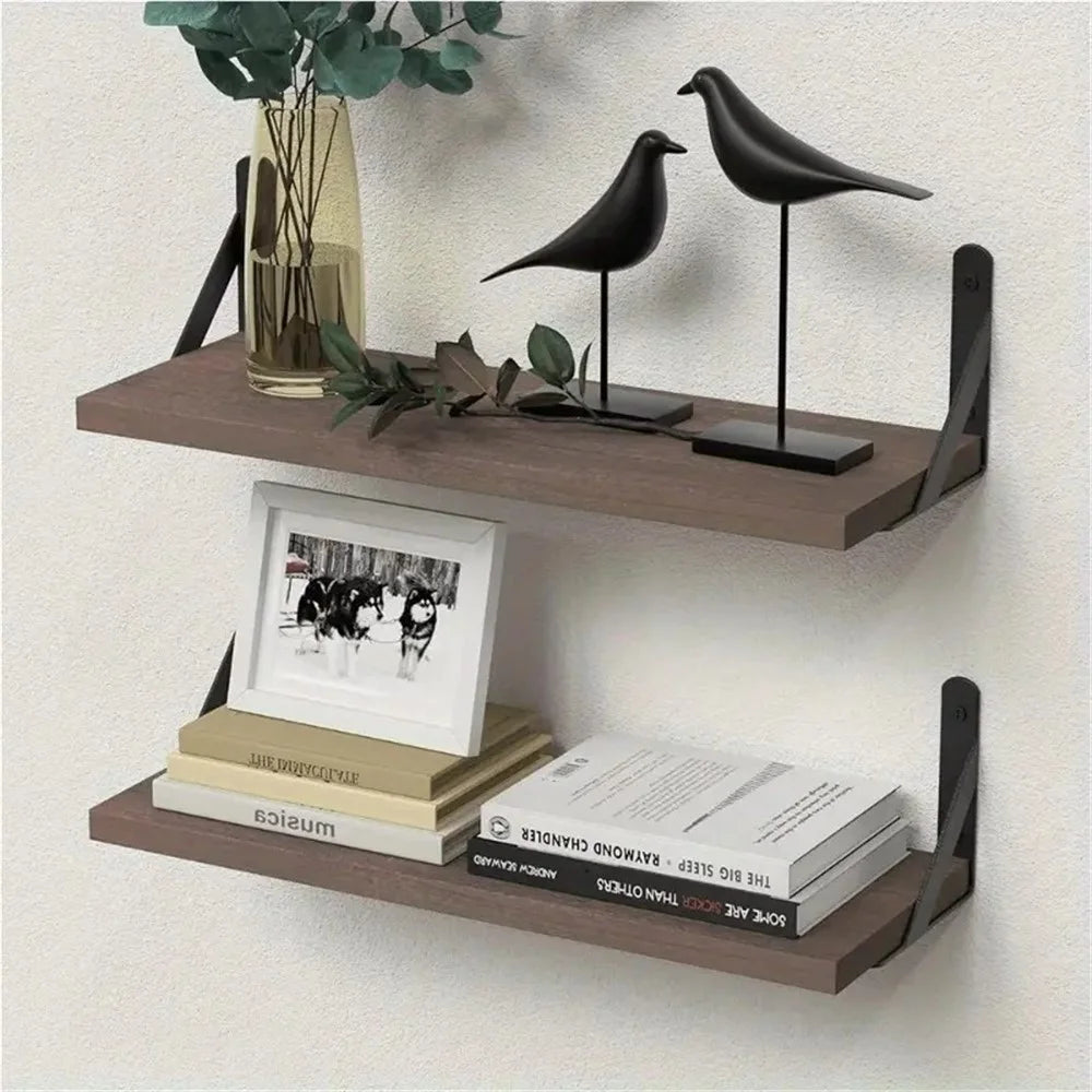 2Pcs Storage Shelf Wood Board Wall Mounted Living Room Home Organizer Rack - Brown - 1