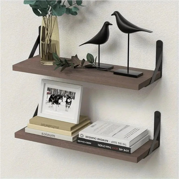 2Pcs Storage Shelf Wood Board Wall Mounted Living Room Home Organizer Rack - Brown - 1
