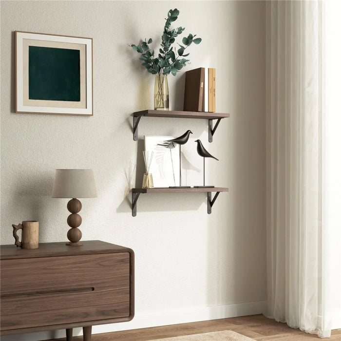 2Pcs Storage Shelf Wood Board Wall Mounted Living Room Home Organizer Rack - Brown - 4