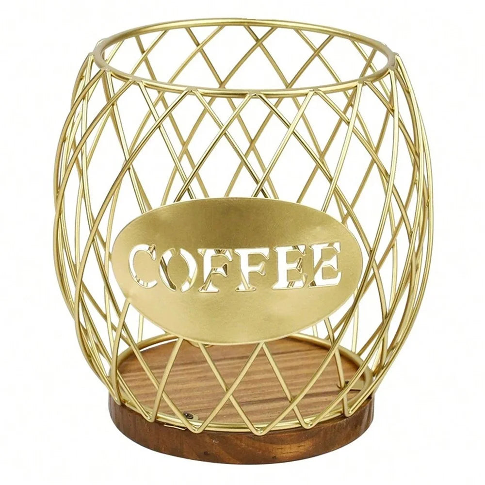 Letter Design Coffee Capsule Holder Hollow Iron Rack Snacks Candy Metal Storage Basket - Gold / Coffee - 1